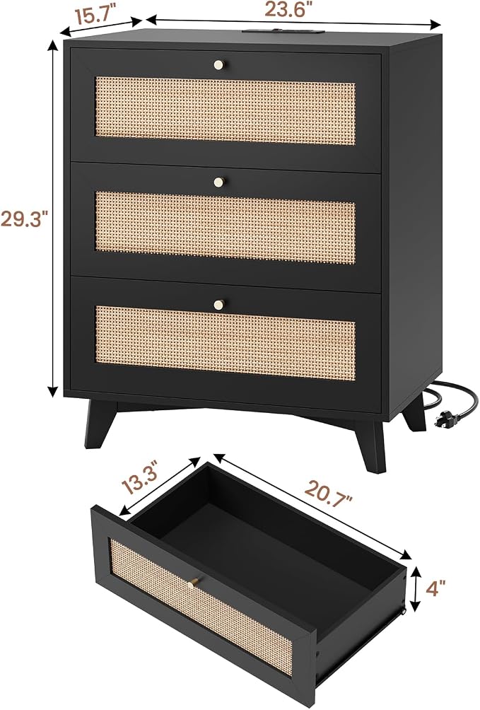 VIAGDO Black Rattan Nightstand Set of 2 with Charging Station, Natural Rattan Night Stand with 3 Large Wicker Decorated Drawers, Boho Bedside Table, End Side Table, 3 Drawer Dresser for Bedroom - Image 2