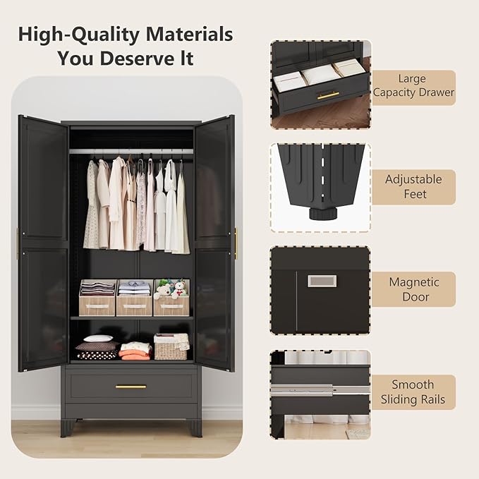 Metal Armoire Wardrobe Closet with Drawers,Storage Cabinet with Hanging Rod,71'' Metal Wardrobe Cabinet with 2 Doors and Adjustable Shelves for Bedroom, Laundry Room, Cloak Room