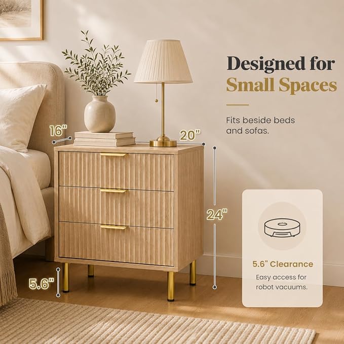 24" Tall Wood Nightstand, Mid-Century Modern Fluted Bedside Table with 3 Drawers, Small Oak Dresser, Japandi Ribbed Side Table with Gold Legs, 1-Pack - Image 2