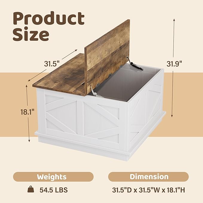 YESHOMY 31.5 inch Farmhouse Coffee Table, Coffee Tables for Living Room, Center Table with Flip-Top Lids, Large Storage Space (White)