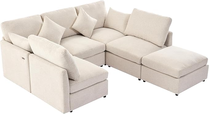 6 Seater Reversible Modular Sectional Sofa Convertible Sleeper Couch Bed , Free Combination Chenille Upholstered Corner Sofa&Couches with USB Ports and Detachable Cushions for Living Room Furniture