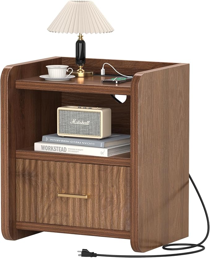 Night Stand with Charger Station, Fluted Nightstands Set of 2 with Drawer, Modern Bedside Table Set of 2, Wide Nightstands for Bedroom, Mid Century Wooden Night Stands for Home Sofa Couch - Image 9