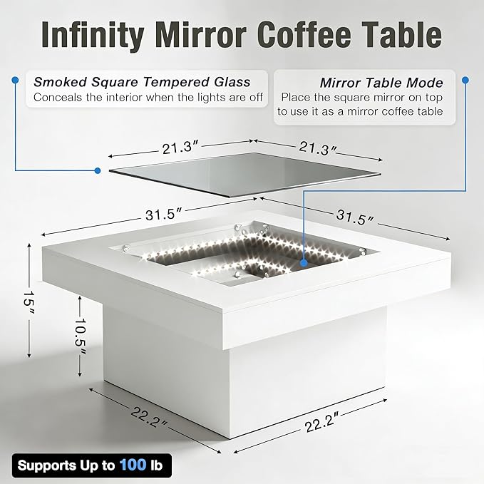 FKWin Modern Coffee Table for Living Room - 31” Endless Depth Mirror Center Table with Led Lights, Unique Square Coffee Table with Tempered Glass-Top, White