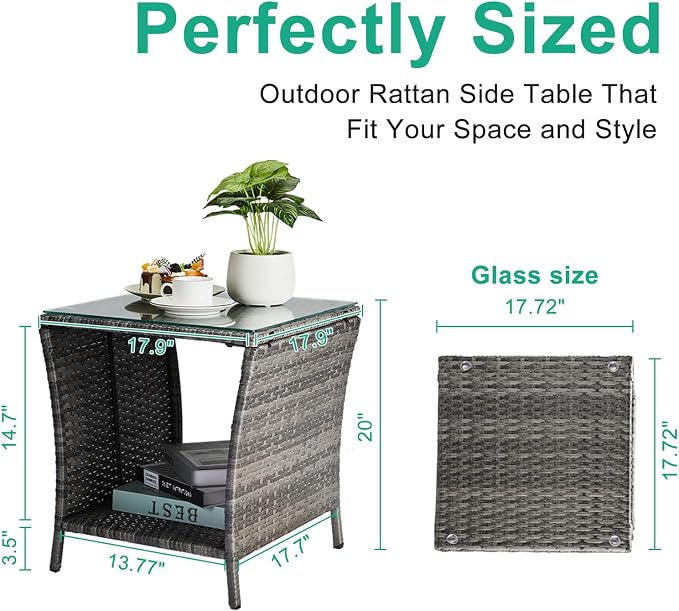 VINGLI Outdoor Wicker Side Table Patio Side Tables for Outside, Tempered Glass Top Wicker Table with Storage End Table for Balcony Porch Deck (Grey) - Image 3