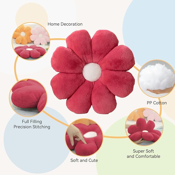 FIONOUT Soft Rose Red Flower Throw Pillow 17.7" - Aesthetic Daisy Shaped Floor Cushion, Plush Decorative Pillow for Bed, Couch, Sofa, Girls Room, Bedroom & Home Decor