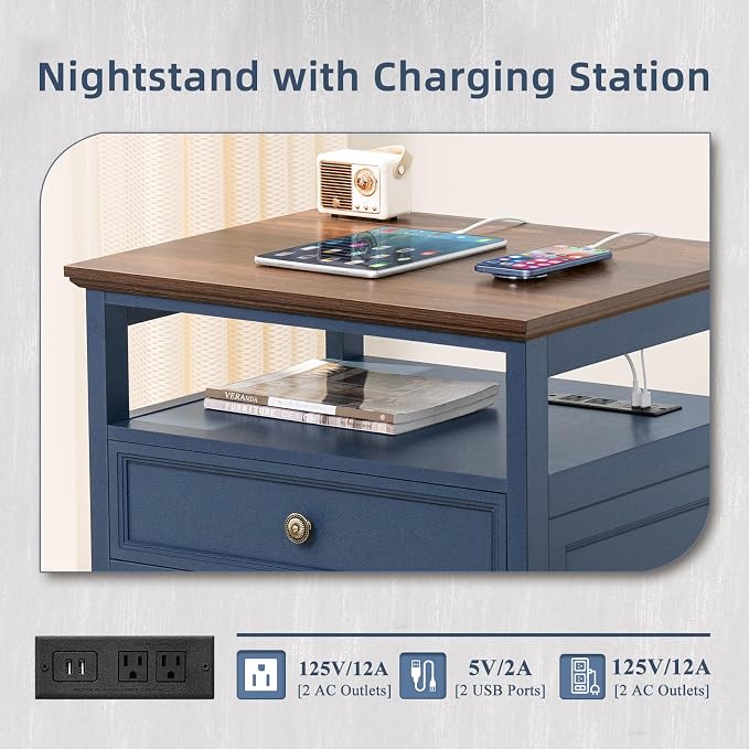 Joaxswe Farmhouse Nightstand Set of 2 with Charging Station, 24" Wide End Table with 2 Drawers,Wood Dresser for Bedroom,Bed Side Table Chest of Drawers Cabinet,Navy BlueNight Stand for Living Room - Image 6