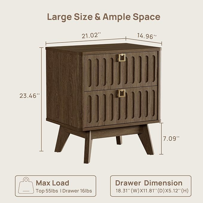 SICOTAS Modern Fluted Nightstand with 2 Drawers, 21" Wide Wood Bedside Table with Gold Handle, Mid-Century End Table for Bedroom, Apartment - Image 3