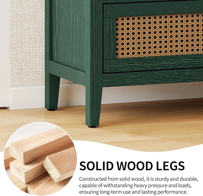 31.5" Wide Rattan Nightstand with 3 Drawers, Modern Boho Storage Cabinet with Solid Wood Legs & Golden Handles, Large Accent Table for Bedroom, Green, 2 PC - Image 5