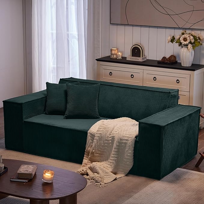 Corduroy Cloud Couch with Pillow, Premium Memory Foam, No Assembly Required, Deep Seat Sofa in Box, Space-Saving Chair for Home, Living Room, Bedroom, Apartment, Office, 3-Seater, Dark Green