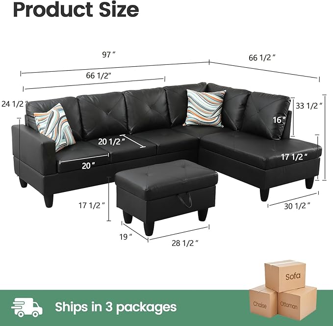 Sectional Couches for Living Room Furniture Sets, 4 Seat L Shaped Couches with Ottoman, Modular Sectional Sofa for Apartment Furniture Sets, Black