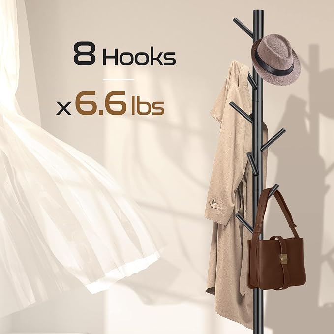 2PCS Solid Wooden Coat Rack Freestanding, New Zealand Pine Coat Tree with 8 Hooks & 3 Adjustable Sizes for Coats, Hats, Handbags and Scarves, Space Saving for Entryway/Office/Bedroom (Black) - Image 3