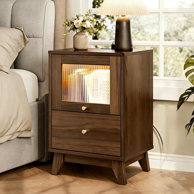 VINGLI Walnut Nightstands Set of 2 with Charging Station, Led Nightstand with Fluted Glass Drawers, Mid Century Modern Nightstand for Bedroom, 2 Drawer Woodn Bedside Table/End Table/Side Table, Walnut - Image 3