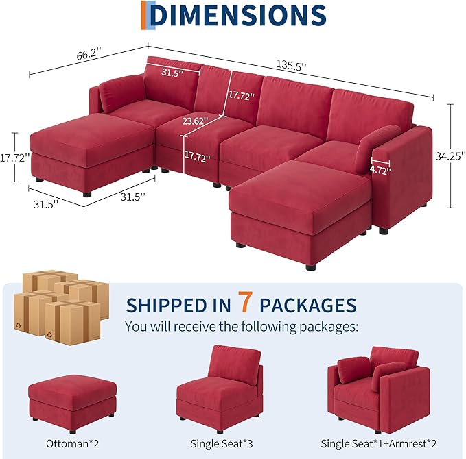 IDEALHOUSE 135.5" Modular Sectional Sofa, 6 Seater Sectional Couch, U-Shape Modern Sofa with Ottoman, Deep Seat, Oversized Convertible Modular Couch for Living Room Apartment Office, Chenille, Red
