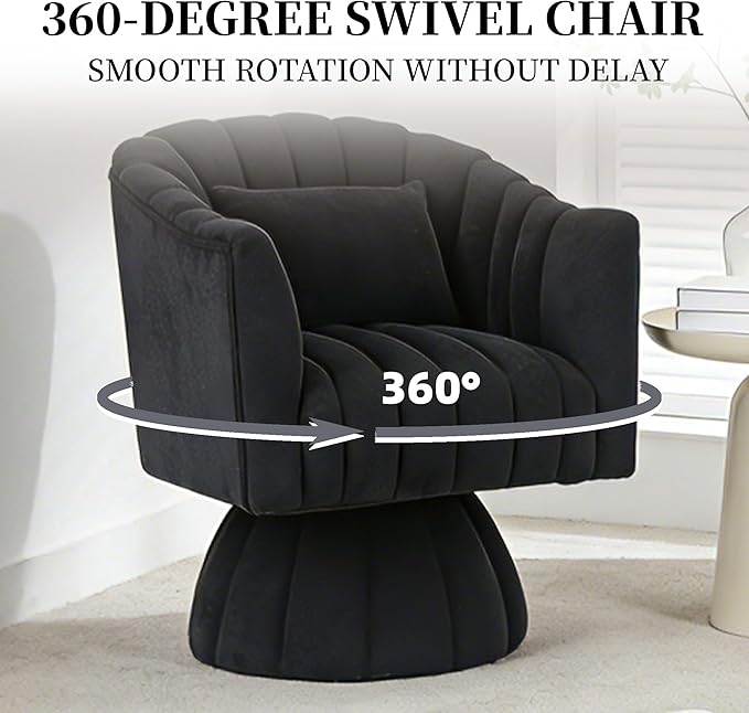 ClinQ Swivel Barrel Chair with Pillow, 360° Cloud Velvet Round Swivel Accent Chair, Upholstered Cuddle Reading Lounge Chair for the Living Room, Bedroom, and Office, Black-Vertical Stripes