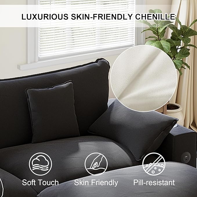 80.7" Modular Sectional Sofa, L Shaped Cloud Couch with Movable Ottoman, Chenille Deep Seat Cloud Sofa with Charging Station, Cup Holder, Side Pocket, Sectional Couches for Living Room, Black