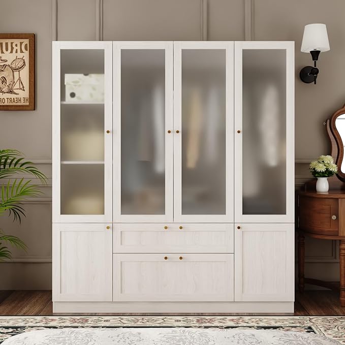 4 Door Wardrobe Armoire Closet with Hanging Rods & 2 Drawers, Bedroom Armoire with Frosted Glass Doors, Clothes Wardrobe with Gold Knob, Wood Grain, 19.7”D x 63”W x 70.9”H