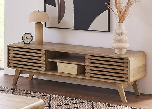mopio Ensley 59" TV Stand with Slatted Door, Mid Century Modern Entertainment Center for 55/60/65 inch TV, Farmhouse Media Console with Storage, Adjustable Shelves, Round Edges, Living Room (Oak) by MopioInc