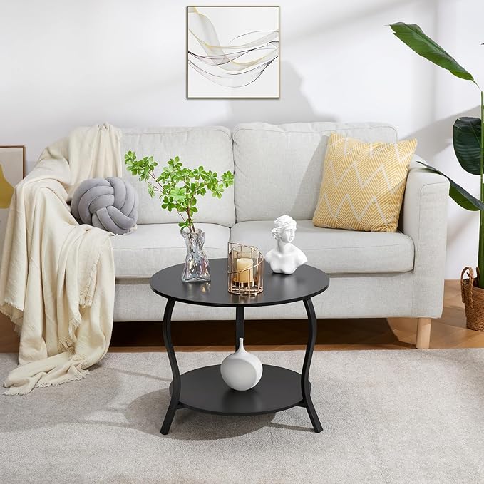 Small Round Coffee Table with Open Storage,23" 2-Tier Coffee Side Tables for Small Space, Accent Center Table Circle Sofa End Table with Wooden Table Top for Living Room Bedroom Apartment,Black
