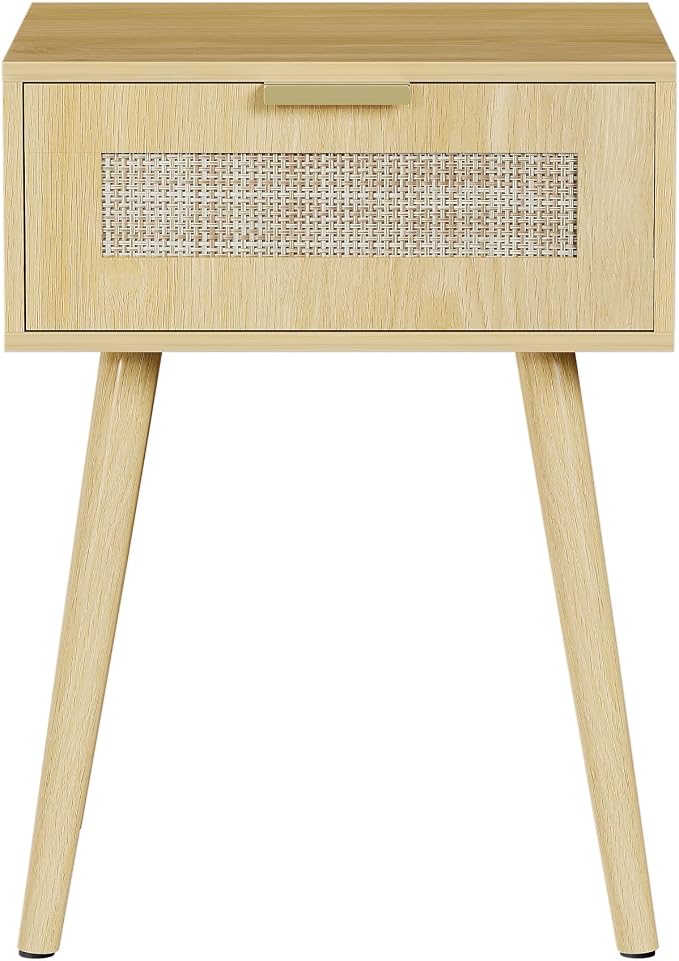 LAZZO Set of 2 Bedroom Nightstands Wooden Night Stands with Rattan Weaving Drawer Home Bedside End Table for Bedroom Storage - Image 4