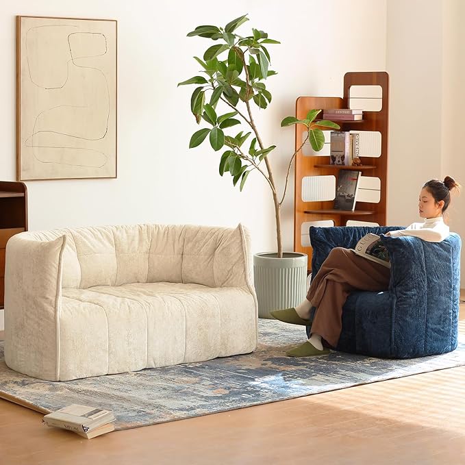 N&V Mid Century Brigantin Deep Relaxation Sofa, Soft Premium Chenille, for Living Room Bedroom and Office (Ivory, ThreeSeater)