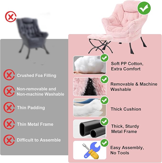Furlide Lazy Chair with Ottoman, Modern Accent Chair with Armrests and a Side Pocket, Plush Pink Accent Chairs, Reading Chairs, Oversized Armchairs for Bedroom, Study, Living Room, Courtyard