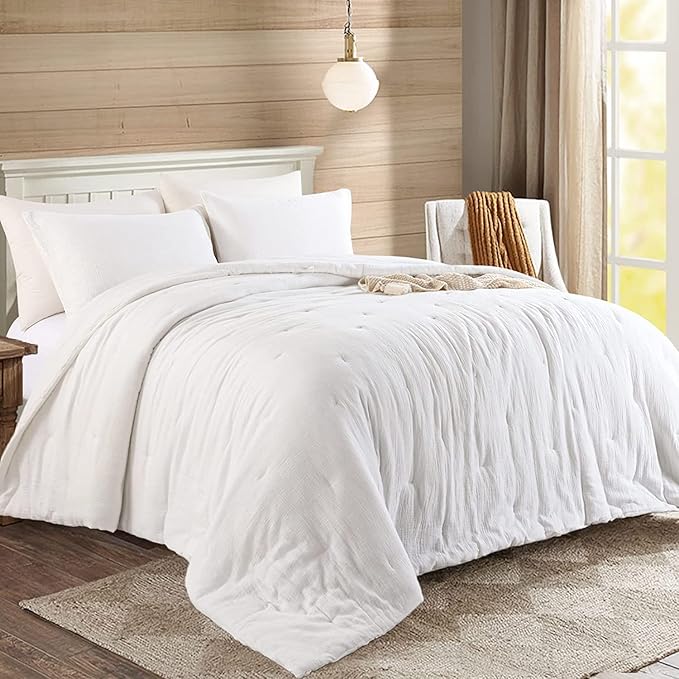 HOMBYS 100% Cotton Muslin Comforter Oversized King 120x98, Lightweight and Breathable Down Alternative Comforter,Soft Gauze Summer Off White Reversible Fluffy Duvet Insert