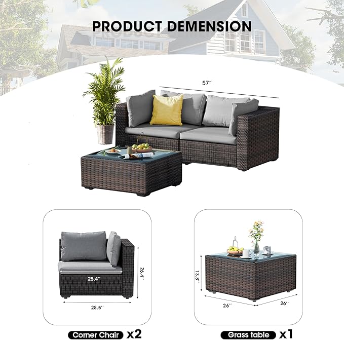 3 Piece Patio Furniture Set All Weather PE Rattan Outdoor Sectional Sofa Couch with No-Slip Cushions and Glass Top Table for Garden, Poolside, Backyard (Gray)