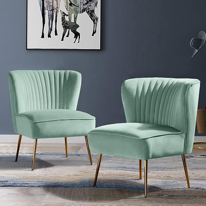 HULALA HOME 3 Piece Velvet Living Room Furniture Set, Modern Comfy Upholstered Chair Set with Golden Legs, Include Loveseat & 2 Accent Chairs for Bedroom, SAGE Tufted 2-Seater Sofa & Armless Chairs