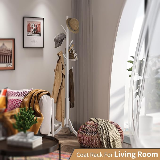 Coat Rack Freestanding, Coat Stands Entryway, Bamboo Coat Rack Hat Hanger 8 Hook for Jacket, Purse, Scarf Rack, Umbrella Tree Stand (White) - Image 3