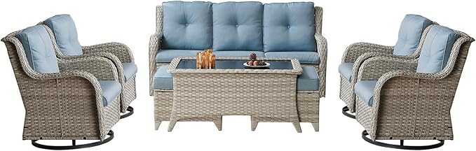 Patio Furniture Swivel Chairs Set - 8 Piece Wicker Rattan Outdoor Sectional Conversation Sets with 4 Swivel Rocking Chairs,2 Ottomans,1 Sofa and 1 Coffee Table for Porch Deck(Light Grey/Sky Blue)