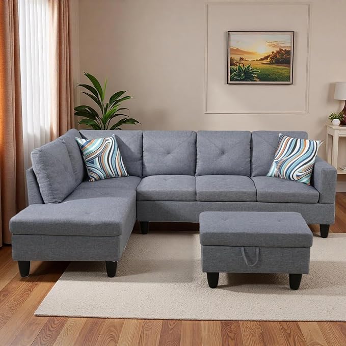 L-Shaped Sectional Sofa with Movable Chaise & Storage Ottoman, Lounge 3-Piece Modular Convertible Couches for Living Room, Apartment & Office, Grey