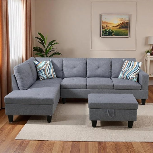 L-Shaped Sectional Sofa with Movable Chaise & Storage Ottoman, Lounge 3-Piece Modular Convertible Couches for Living Room, Apartment & Office, Grey