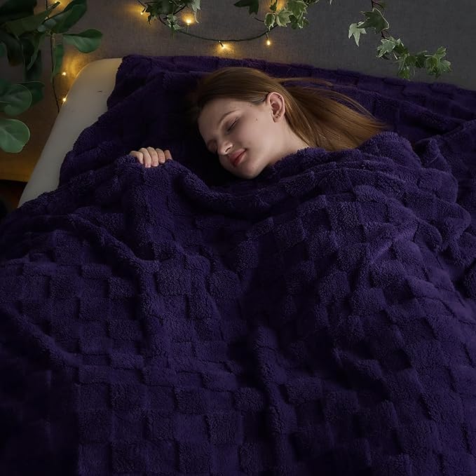 NEWCOSPLAY Super Soft King Blanket Purple Premium Silky Flannel Fleece 3D Checkered Lightweight Bed Blanket All Season Use (Purple Checkered, King(90"x110"))
