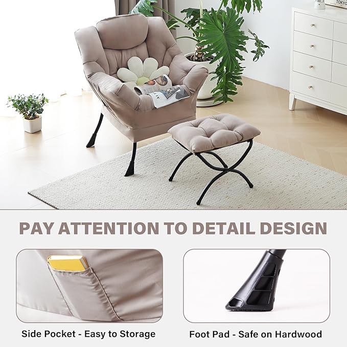 Tiita Modern Large Accent Chair with Ottoman, Comfy Leisure Sofa Armchair with Footrest, Reading Chair for Bedroom, Living Room, Dorm Rooms, Khaki
