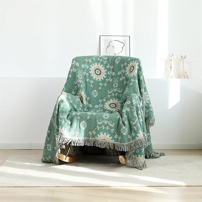 Boho Throw Blanket for Bed 100% Cotton Ultra Soft Rustic Quilt Spring Blanket Floral Printed Farmhouse Decor Bed Blankets,90"x98" All Season Rustic Throw for Sofa Couch Chair