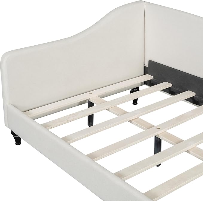 Merax Twin Size Bed Frame Daybed, L-Shaped Linen Day Bed Corner Sofa for Living Room & Guest Room, No Box Spring Needed, Beige