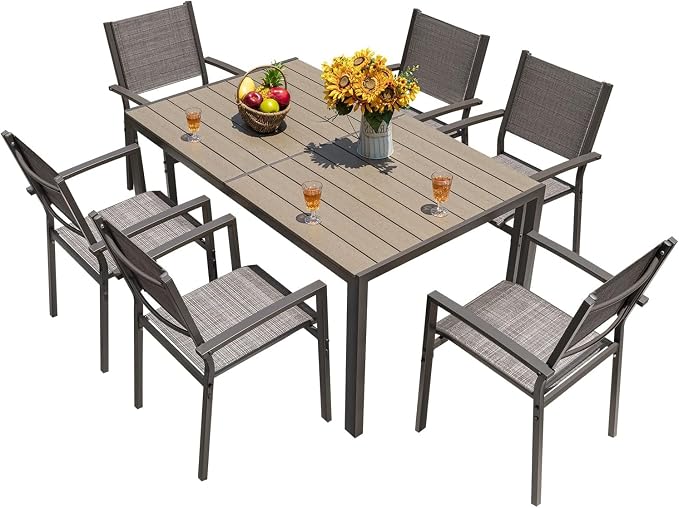 Homall Patio Dining Set 7 Pieces Outdoor Furniture with Large Table and 6 Textilene Chairs for Porch, Poolside, Yard and Garden, Light Grey by Homall