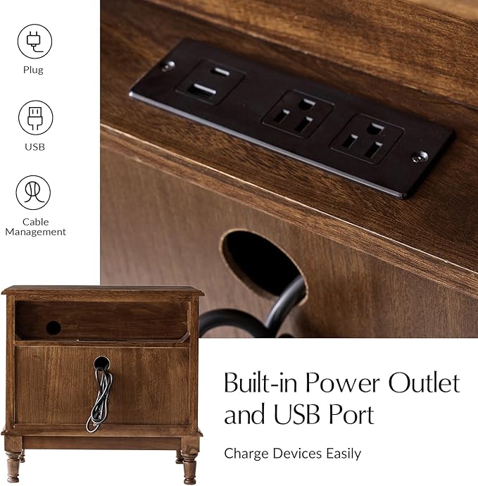 HULALA HOME Solid Wood Storage End Table with Hidden Pull-Out Shelf, Transitional 2 Drawer Side Table with Charging Station, Large SideTable with USB Ports, Easy Assembly, Walnut - Image 4