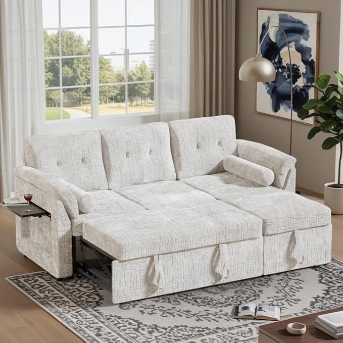 Convertible Queen Sofa Bed, 63 Inch Chenille Pull Out Couch with Side Table, 3 Seat Pull Out Sofa Bed with Level Adjustable Backrest, Comfy Sleeper Sofas for Living Room, Apartment, Beige