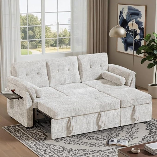 Convertible Queen Sofa Bed, 63 Inch Chenille Pull Out Couch with Side Table, 3 Seat Pull Out Sofa Bed with Level Adjustable Backrest, Comfy Sleeper Sofas for Living Room, Apartment, Beige