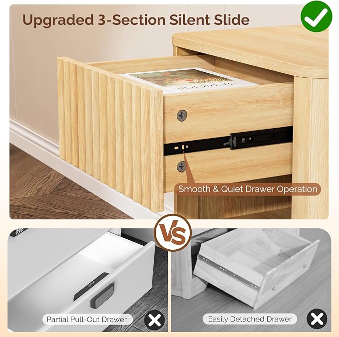 VINGLI Floating Nightstand, Fluted Night Stand Rounded Edge, 1 Drawer Bed Side Table, Storage Oak Nightstand with Drawers, Wood Night Stand End Table for Bedroom, 15.75" W x 11.81" D x12.87 H - Image 5