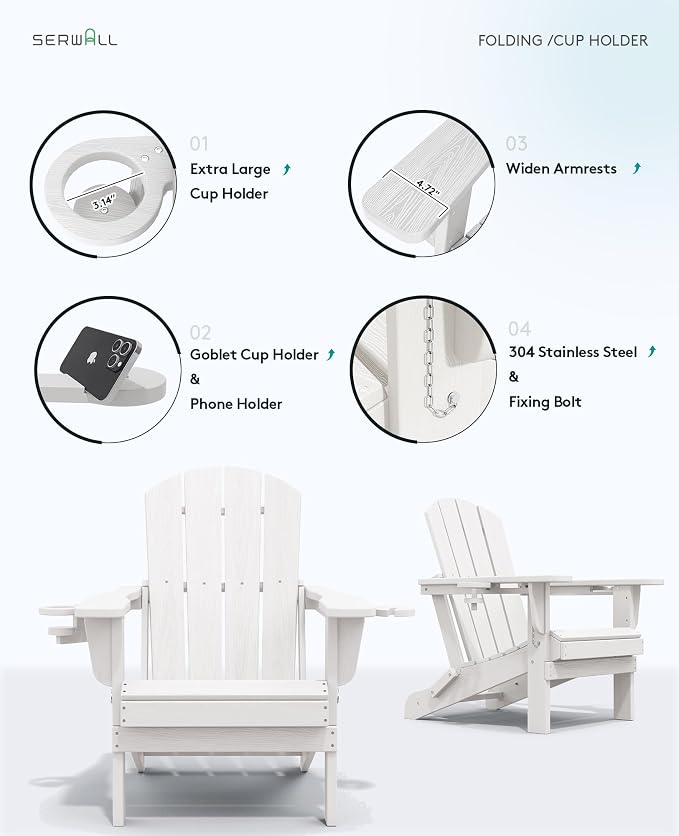 SERWALL Adirondack Chair with Cup Holders - Composite Adirondack Chairs Set of 4 HDPE Outdoor Chairs All Weather Use- White - Image 7
