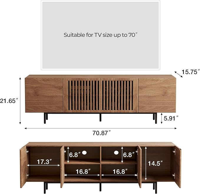 70.87" Mid Century Modern TV Stand, Walnut Media Console for 70 Inch TVs, Entertainment Cabinet with 4 Storage Compartments for Living Room or Bedroom - Image 2