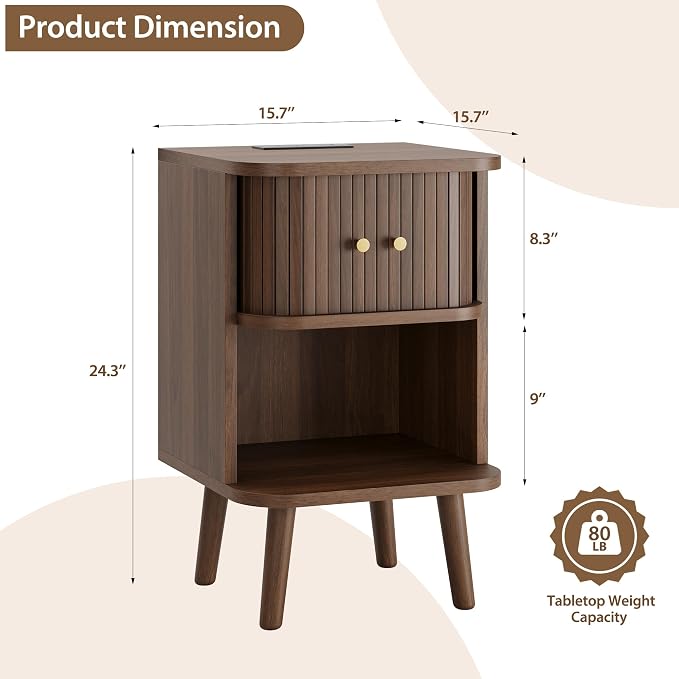 Decofy Fluted Nightstand, Mid Century Modern Bedside Table with Charging Station, Walnut End Tables with Sliding Tambour Doors, Storage Cabinet and Open Shelf for Bedroom, Walnut - Image 2