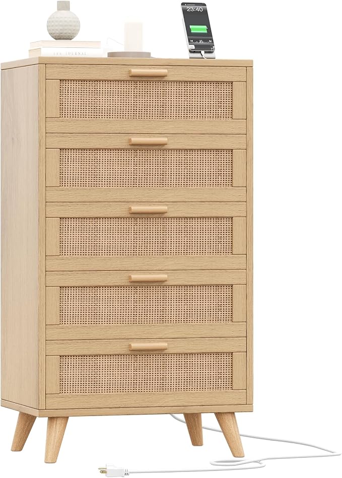 Rovaurx Modern 5 Drawer Dresser for Bedroom, 42.7" Tall Rattan Chest of Dressers with Charging Station, Dresser Chest with Wooden Handles, Beside Table for Closet, Living Room and Entryway, Natural - Image 8