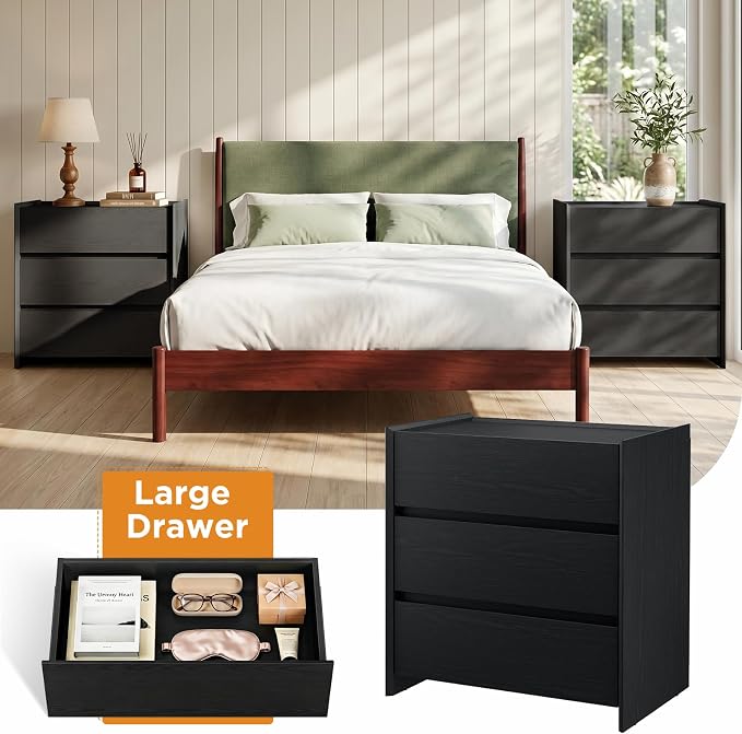 Nightstand Set of 2 with 3 Drawers, Modern with Spacious Storage Cabinet, Night Stand for Bedroom, 23.6" W x 15.6" D x 25.2" H,Black - Image 8