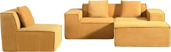 Compressed Sofa L Sectional, 112" Modular Cloud Couch with Ottoman, 23.2" Deep Seat Corduroy High-Back L-Shaped Sectional for Living Room/Bedroom, No Assembly, Ginger Yellow