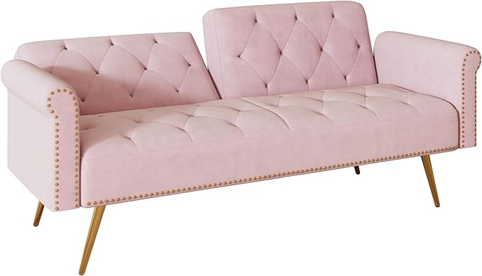 Convertible Futon Sofa Bed , Adjustable Sleeper Couch Modern Velvet Tufted Recliner Reversible Loveseat Folding Daybed Guest Bed Sofacama w/ Nailhead Trim and Golden Metal Legs for Living Room Office