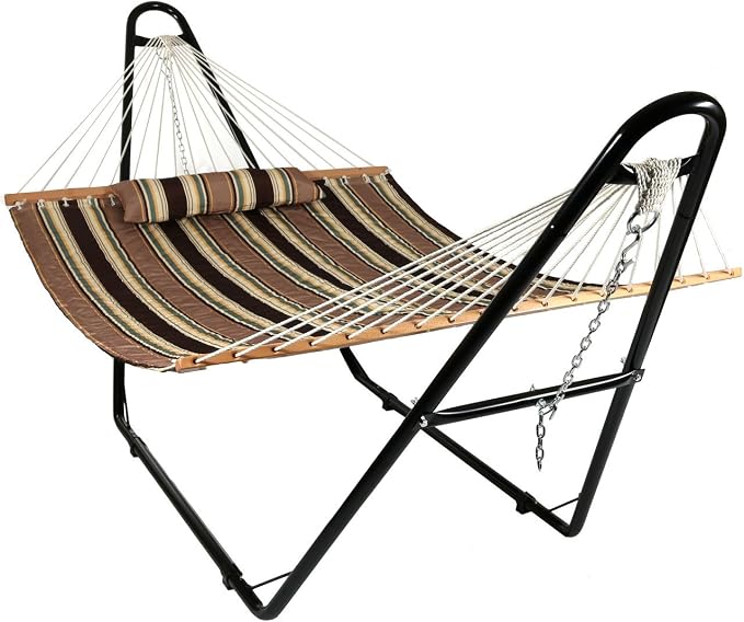 Sunnydaze Double Quilted Fabric Hammock with Universal Steel Stand - 450-Pound Capacity - Black Stand - Sandy Beach - Image 10