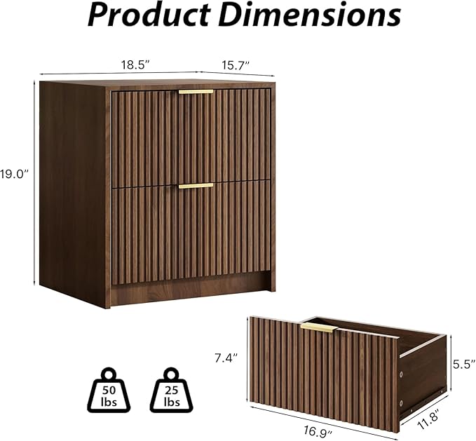 MAISONARIA 3-Piece Dresser Bedroom Set, 6 Drawer Dresser & 2 Drawer Nightstands with Gold Handles, Fluted Wood Chest of Drawers for Bedroom, Living Room, Entryway, Walnut